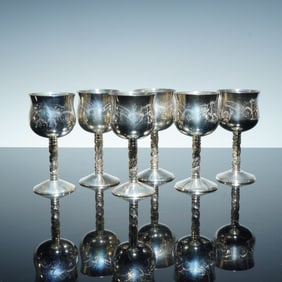 6pc Electro Plated Nickel Silver Floral Engraved Cordial Goblets