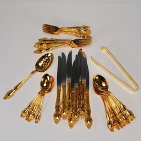 42pc 1881 Rogers Oneida Gold Electroplate Flatware Set, Baroque Rose