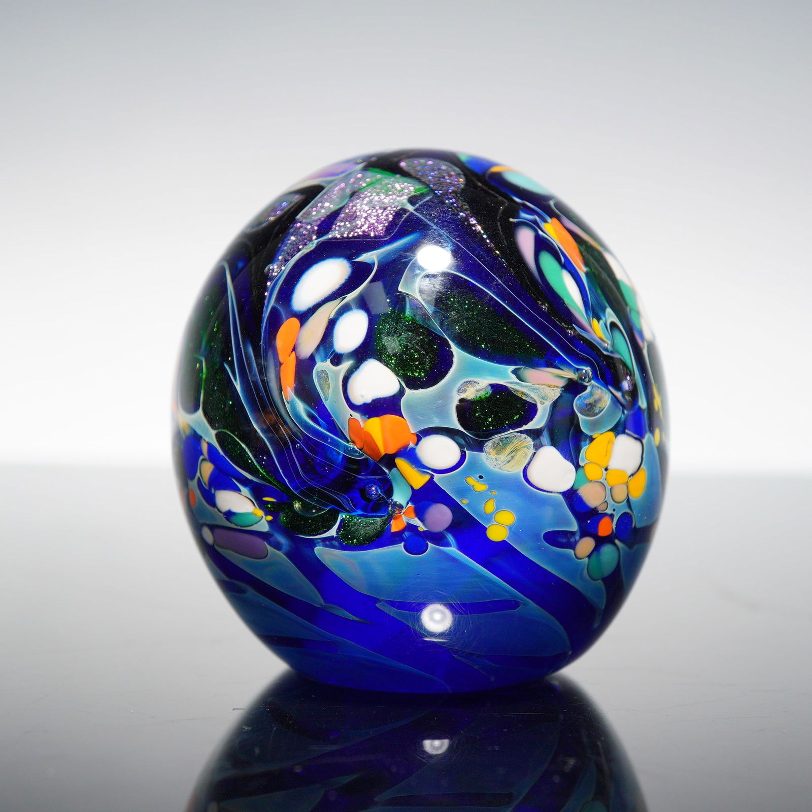 Jim Karg Studio Art Glass Sculpture, Cosmic Blue Multicolor Egg Form Signed (1 of 3)
