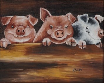 H. Smith, Oil on Canvas Painting, Three Piglets at the Fence, Signed