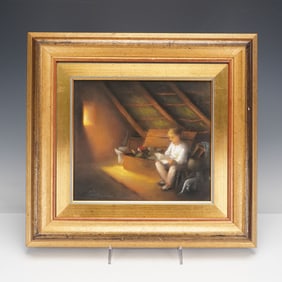 Katarina Henc (Croatian, b.1948) Pastel on Paper, Boy in the Attic, Signed