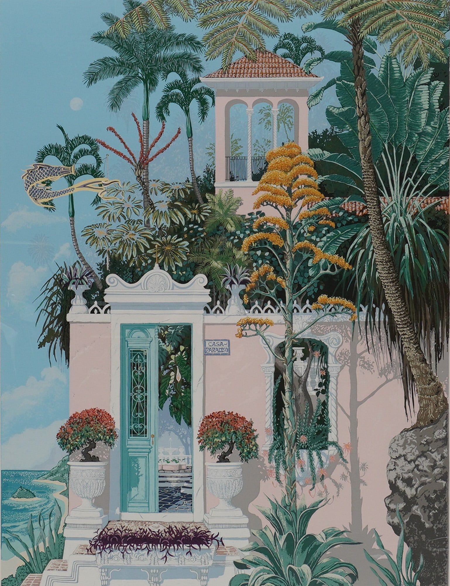 John Kiraly (American, b. 1947) Serigraph, Casa Paradiso, Signed & Numbered: A vibrant limited-edition serigraph on paper depicting an ornate Mediterranean-style facade enveloped by lush tropical foliage. Rendered in John Kiraly's signature crisp palette and meticulous linewor