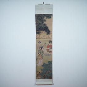 Chinese Ink and Watercolor on Paper Hanging Scroll, Courtly Scene