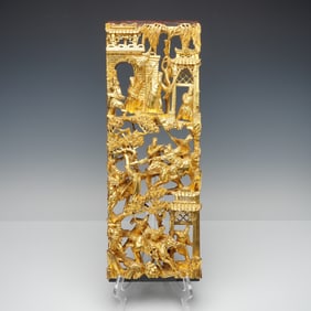 Chinese Gilt Wood Carved Battle and Pavilion Scene Panel