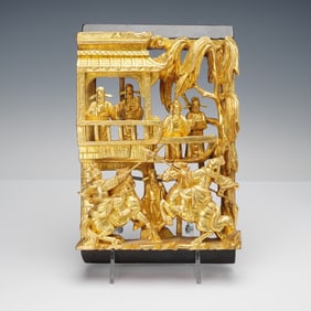 Chinese Gilt Wood Carved Battle and Pavilion Panel