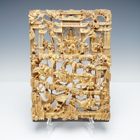 Chinese Gilt Wood Carved Procession And Pavilion Scene Panel
