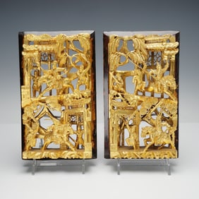 2pc Chinese Gilt Wood Carved Warrior and Pavilion Panels
