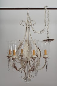 Mid-Century Painted Iron Chandelier with Leaf Scrolls and Crystal Drops