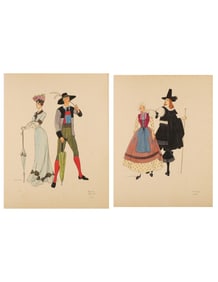 H. & C. Condon, 2pc Theatre Costume Design Watercolors on Paper, Signed