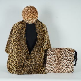 3pc Adrienne Landau Faux-Leopard Cape w/ Rikes Hat & Hand Muff