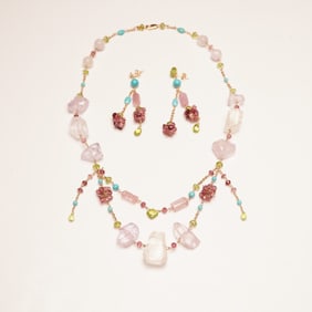 14K Gold and Multi Gemstone Necklace and Earrings