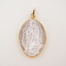 14K Gold and Carved Mother of Pearl Virgin of Guadalupe Pendant