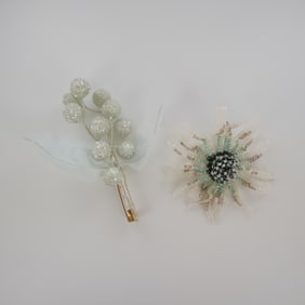 2pc Beaded And Fabric Floral Brooches