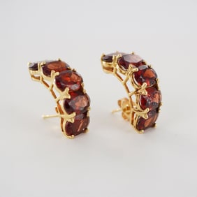 14K Gold Garnet Half Hoop Earrings