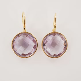 14KP Gold Purple Faceted Glass Drop Earrings