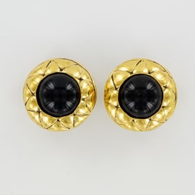 Chanel Black Cabochon Gold Tone Clip Earrings