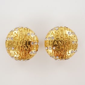 Chanel Logo and Rhinestone Gold Tone Clip Earrings