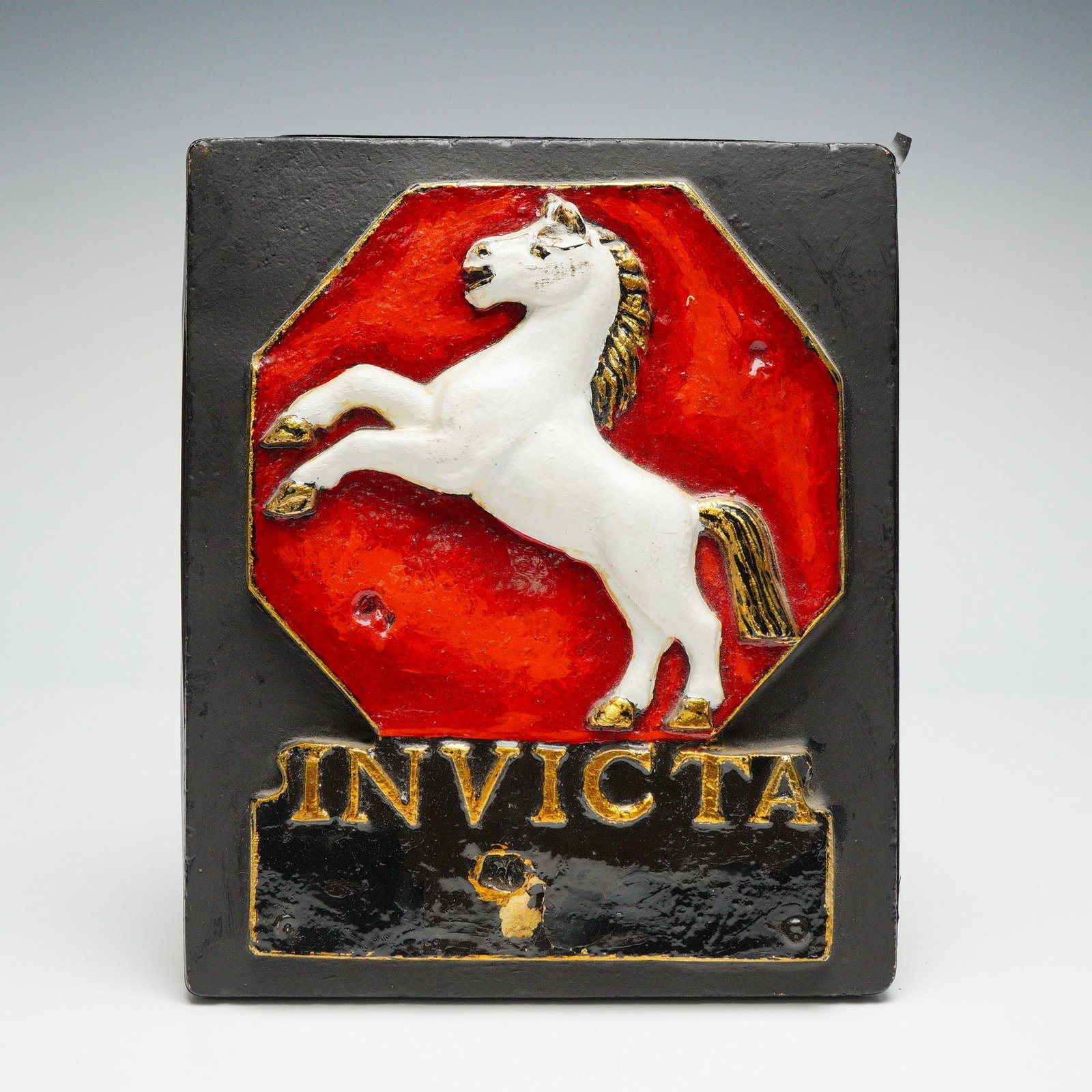 Kent Fire Insurance Invicta by E. V. Jackson Reproduction Fire Mark Plaque: This molded replica plaque represents the Kent Fire Insurance Company, established in Maidstone in 1802 and later passing to Royal in 1901. The design features the White Horse of Kent from the histori