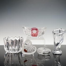 5pc Orrefors, Gorham & Vannes Le Chatel Crystal Vase, Bowls, Jewelry Boxes