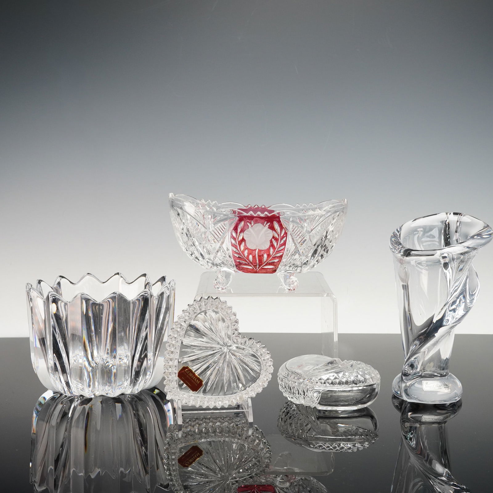 5pc Orrefors, Gorham & Vannes Le Chatel Crystal Vase, Bowls, Jewelry Boxes (1 of 5)