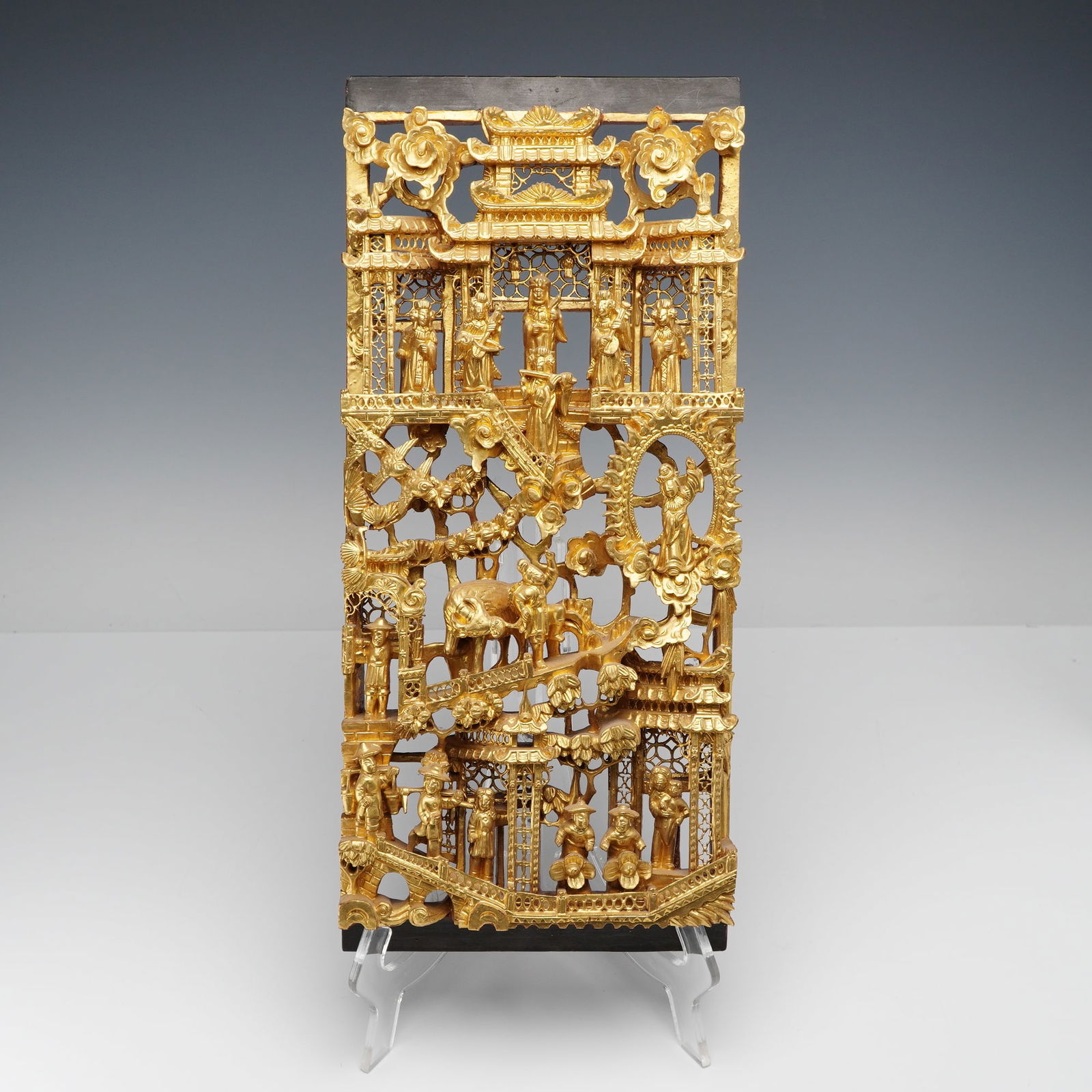 Chinese Gilt Wood Carved Pavilion Musicians and Village Figures Panel: Depicting a multi-tiered scenes with female musicians performing within pavilions above and village figures in daily activity below. Detailed openwork relief incorporating bridges, lattice windows, an