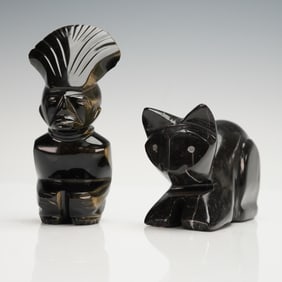 2pc Carved Obsidian Native American and Cat Figurines