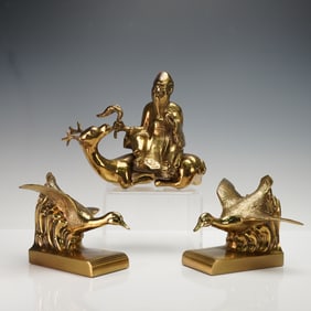 3pc Shou Xing and Flying Ducks Gilded Figurines and Bookends
