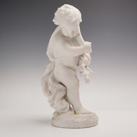 After Joseph d'Aste, Parian-Style White Bisque Putto Draped in Cloak