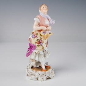 Volkstedt Porcelain Figurine, Woman Holding Basket of Flowers
