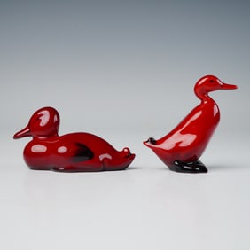 2pc Royal Doulton Flambe Duck Figurines, Duck Resting & Duck Standing