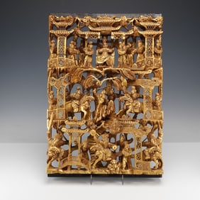 Chinese Gilt Wood Carved Court And Dance Scene Panel