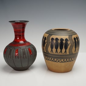 2pc Larry Allen Studio Vase and Tribal Motif Pottery Jar