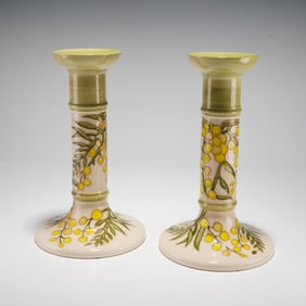 Pair of Moorcroft Pottery Candlesticks, Wattle