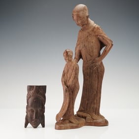 2pc Wooden African Woman and Child Sculpture and Small Mask Carving