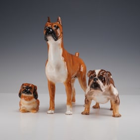 3pc Royal Doulton Porcelain Dog Figurines, Pekinese, Bulldog, and Boxer