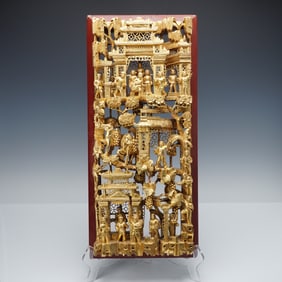 Chinese Gilt Wood Carved Market And Pavilion Scene Panel