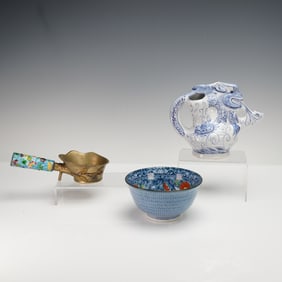 3pc Asian Art Pottery Teapot, Bowl, and Silk Iron