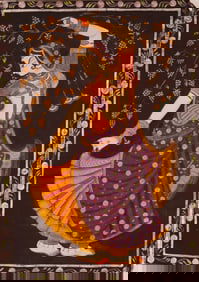 Indian Hand-Painted Woman with Branch Textile Art