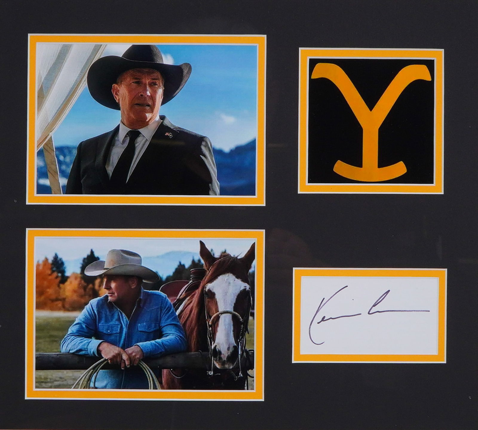 Kevin Costner Yellowstone Display with Two Photographs and Autograph: This framed display celebrates the rugged spirit of the American West by featuring two vivid color photographs of Kevin Costner in his iconic role from the hit television series Yellowstone. Elegantly