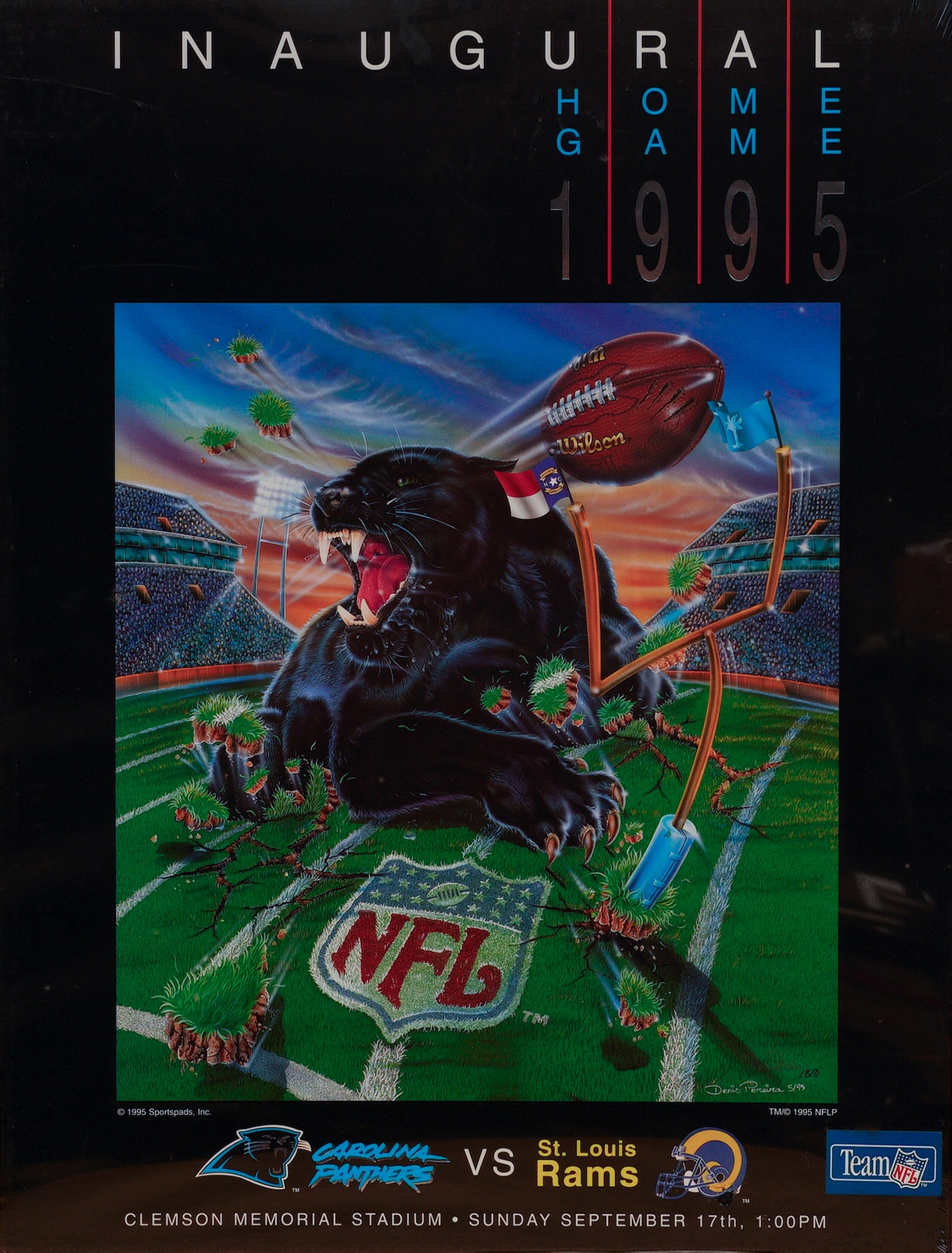 1995 Carolina Panthers Inaugural Home Game Poster: This limited edition poster was issued to commemorate the team's first NFL home game on September 17, 1995, against the St. Louis Rams at Clemson Memorial Stadium. The dynamic artwork by Denis Pereira