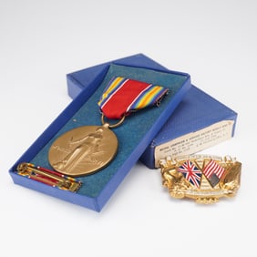 2pc World War II Victory Medal & Allied Nations Commemorative Pin