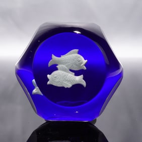 Baccarat Faceted Crystal Sulphide Paperweight, Pisces Zodiac