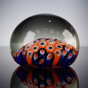 Vintage Italian Millefiori Art Glass Paperweight, Orange and Cobalt
