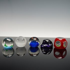 5pc Art Glass Paperweights, Including Sasaki Crystal