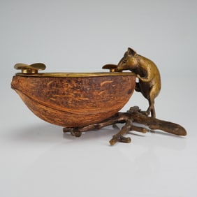 A Naturalistic Metal Rat Dish with Coconut Shell Bowl