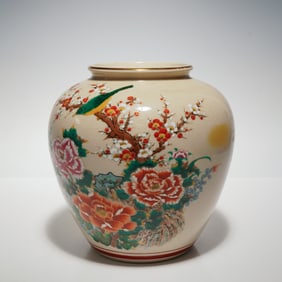 Japanese Crackle Glaze Bird and Flower Porcelain Vase