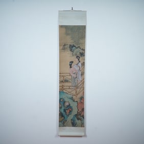 Chinese Ink and Watercolor on Paper Hanging Scroll, Courtly Scene