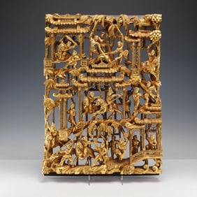 Chinese Gilt Wood Carved Battle And Pavilion Scene Panel