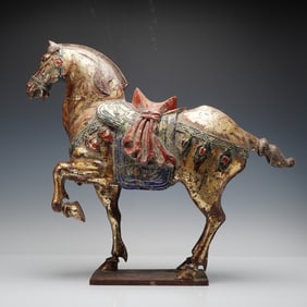 Chinese Tang-Style Carved & Polychrome Wood Horse Sculpture