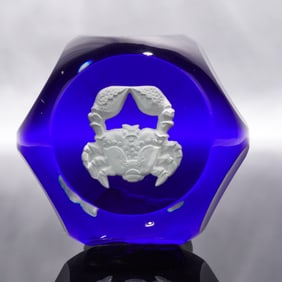 Baccarat Faceted Cobalt Glass Sulphide Paperweight, Crab Motif